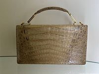 Front view of handbag showing crocodile pattern and rectangular structure