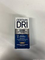 Front view of Certain Dri Extra Strength Clinical Antiperspirant box showing branding and product details.