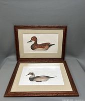 Two framed etchings of ducks shown vertically, with one leaning on the wall and one propped against surface.