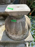Photo of a weathered concrete planter showing its ribbed rounded body and square top with a drainage hole, partially chipped and cracked.