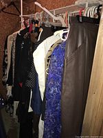 Clothing rack with various women's dress clothes including leather pants and a blue evening dress