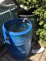 Photo showing two large plastic rain barrels, one blue and one black, outdoors near fence and shrubbery.