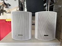 Front view of both white Tortech speakers showing grilles and logos