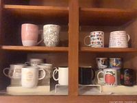 Overview of all mugs arranged in cabinet