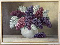 Front view of the gilt framed oil painting of lilacs