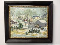 Full view of framed folk art barkcloth fabric print titled "Early Spring" with snowy farm scene