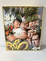 Front view of the framed art poster showing the colorful illustration with people and flowers, in a thin gold frame.