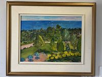 Front view of the large framed impressionist oil painting titled 'Lake Ontario' showing landscape and water scene.