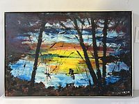 Full view of large oil painting depicting an abstract sunset over a lake with silhouetted trees, signed artist Claude Duchesne dated 1970.