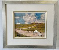 Framed oil painting showing sheep resting on a path in a dales environment under clouds.