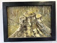 Frontal view of oil painting showing tree stumps with artist signature visible and black wood frame.