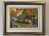 Full view of framed abstract oil painting on canvas showing vibrant foliage in autumn colors, with signature of artist Pat Alcock.