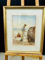 Full view of the framed watercolor on an easel showing overall condition and framing