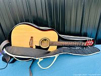 Full-length view of guitar in soft gig bag with strap visible