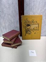 Group photo of 5 antique books showing America Illustrated in yellow hardcover and four maroon hardcover books stacked beside it.