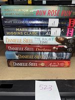 Photo showing a stack of hardcover books including Run Rose Run by Dolly Parton and James Patterson, and multiple Danielle Steele titles in good condition.