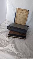 Front and spine views of three antique Nordic books showing titles, binding, and condition