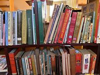 Photo showing two shelves filled with various books of different sizes and colors, titles visible on some spines.