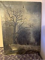 Old painting showing bare tree, deer, birds, and landscape in grayscale with some wear.