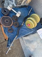Full lot: EZ curl bar with plastic plates, cast iron dumbbell, assorted plates