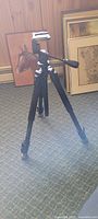 Full view of the black Rocketfish tripod standing on a carpeted floor with framed art in the background