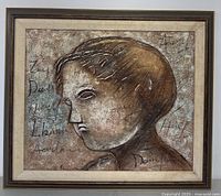 Full view of framed impasto painting showing somber woman bust with textured brushstrokes and script background.