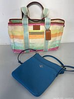 Two Coach bags including one multicolored pastel striped tote with leather handles and one blue crossbody bag.