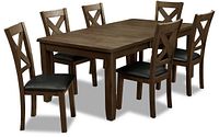 Group view of dining table with six chairs and bench