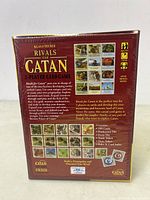 Back of the Rivals for Catan 2-player card game box showing game details, images of cards, and component list.