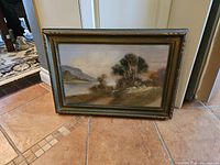 Full view of framed chalk and pastel landscape painting titled 'Lake' by William Henry Chandler, showing composition of lake, trees, and hills.