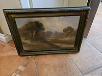 Front view of framed original pastel and chalk landscape painting titled "Road" showing trees, road and countryside scene.