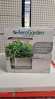 Front view of AeroGarden box showing indoor gardening system with small herbs inside and LED grow lights above.