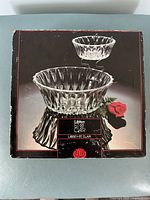 Box showing image of Libbey St Clair 3-piece chip and dip glass set with pedestal base and smaller attached dip bowl.
