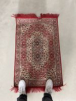 Top-down view of small Persian style rug showing detailed intricate pattern in red, cream and black, with red tassled edges.