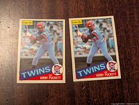 Front view of two Kirby Puckett 1985 O-Pee-Chee baseball rookie cards showing player batting stance with Twins branding.