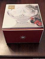 Box front showing the Mikasa Christmas Night glass serving dish with Christmas tree and berry design.
