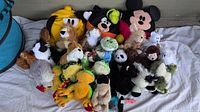 Full lot of 25 plush toys and basket arranged on a surface.