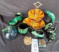 Full collection of vintage decor items including pottery and glass pieces