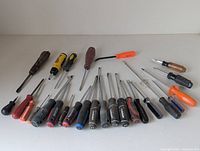 Full view of entire collection of hand tools laid out in a row, showing various screwdrivers and some specialty tools.