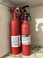 Front view of two red fire extinguishers, First Alert and Fire Guard brands, showing labels and nozzles.