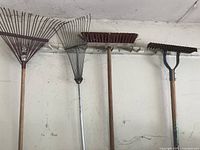 Photo showing four garden tools hanging on a wall: two hand rakes with metal tines and wooden handles, one large push broom with red bristles and wooden handle, and one thatch rake with metal prongs and blue handle.