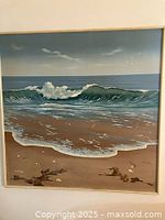 Frontal image of the beach scene oil painting showing detailed wave and sandy shore with cloudy sky, signed by Scott Ryan.
