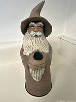 Front view of one vintage ceramic gnome/wizard candle holder, showing pointed hat, face, and hollow center.