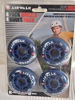Front view of Airwalk 4-pack inline skate wheels in original packaging showing wheel size, brand, and product information.