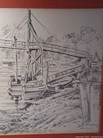 Pencil drawing image showing Perkins Cove Bridge with boats docked on water under the bridge, signed JASF Murray