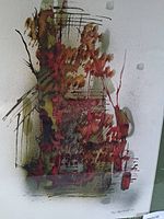 Close-up of the artwork print showing abstract lines and color composition in reds and greens with subtle textures.