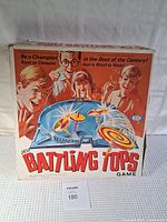 Vintage 1971 Battling Tops game box with colorful illustrated artwork showing children playing.