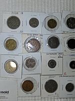 Close-up photo showing details of some coins including those from South Africa, Switzerland, and Canada with various denominations.