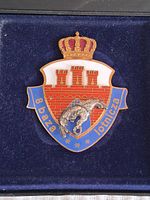 Close up front view of the pin in blue velvet display box showing detailed enamel artwork with crown, three brick towers, bird, and blue banner with Polish text.