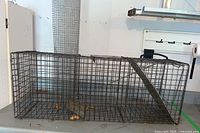 Photo of the wire cage trap on a table from a front angle showing door and wire mesh.